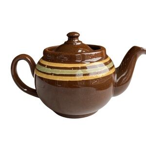 LB Made in England Vintage 4” Teapot & Lid - Brown with Yellow and Green Stripes